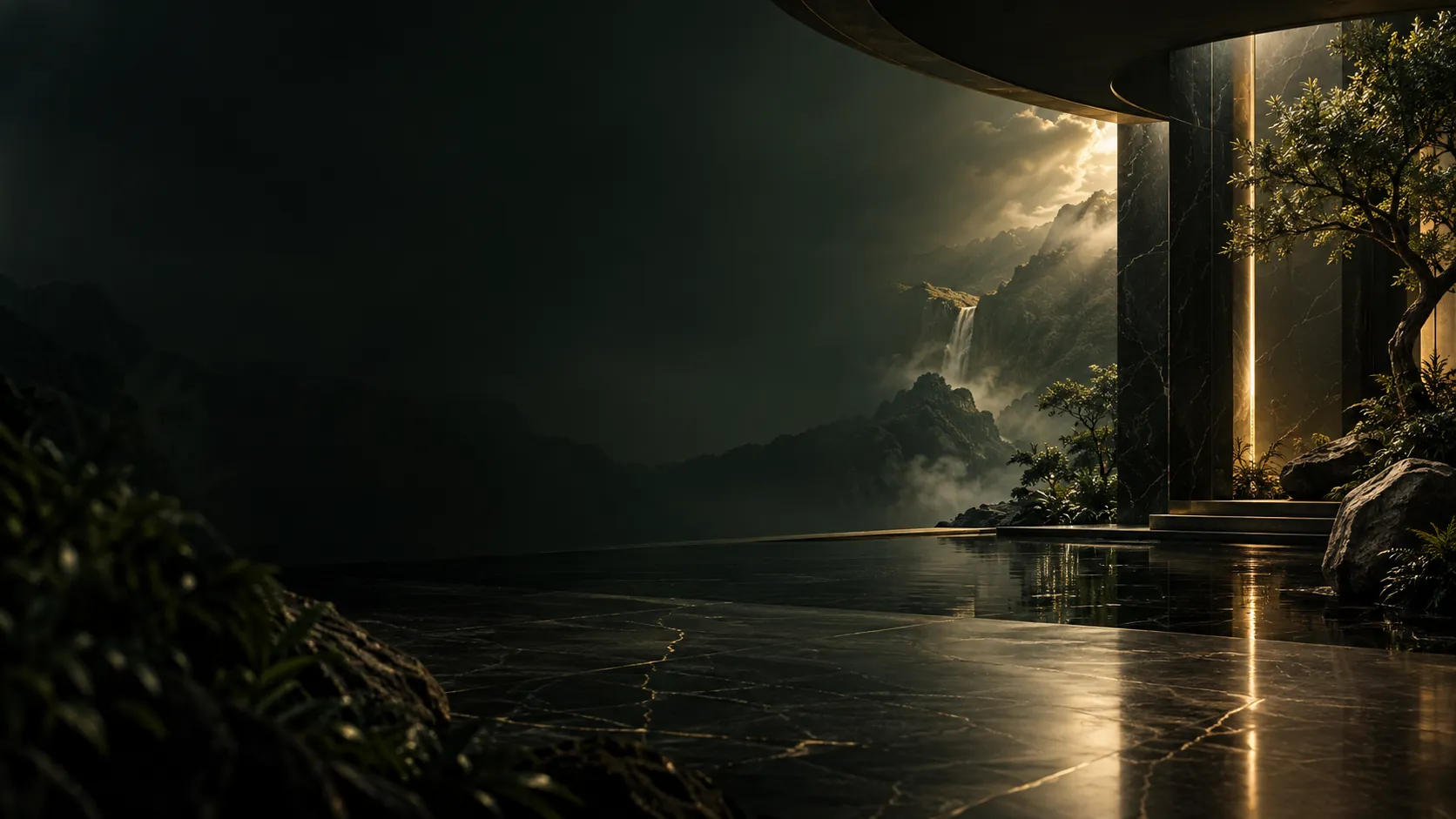 Cinematic mountains and warm gold horizon